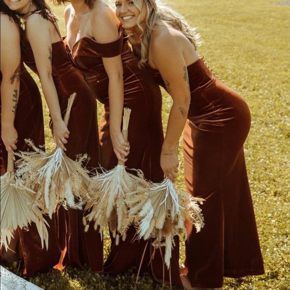 Terracotta velvet bridesmaid dress revelry strapless